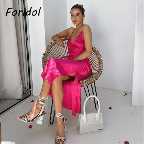 Foridol Sleeveless Satin Party Autumn Winter Midi Dress Women Rose Red V Neck Green Maxi Dresses Backless Vestidos De Fiesta
