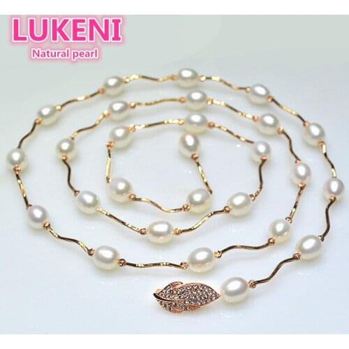 Really Zircon leaves buckle white 9mm Big natural pearl Necklace long necklace Sweater chain necklace for women Free shipping