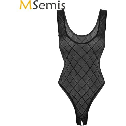 Women Sexy Transparent Body Nightwear Silky High Cut Diamond Gridding Sheer Mesh Bodysuit Porno Open Crotch Thong Leotard Romper