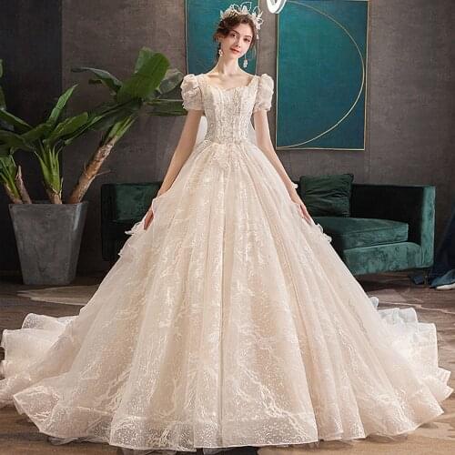 Robes De Mariage Lace Ball Gown Wedding Dress Beading Pearls Vestido De Novia Princess Hochzeitskleid Short Sleeve Trouwjurk
