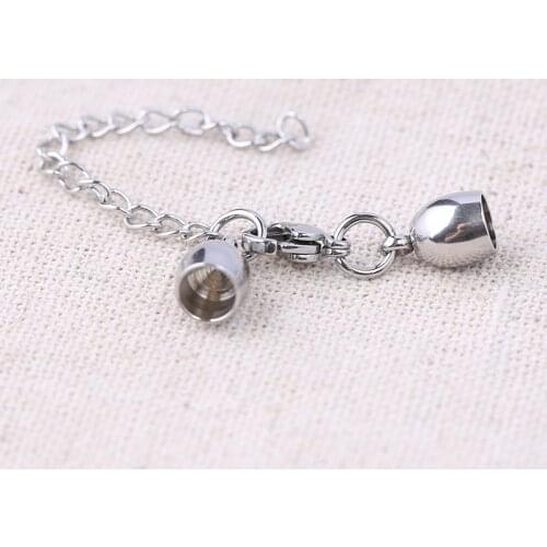 Reidgaller 5 sets fit 5mm round leather cord stainless steel end caps with lobster clasp and tail chain for jewelry making