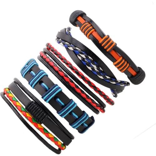 5pcs/set Boho Gypsy Hippie Punk Navy Blue Orange Red Black Brown Leather Cord Layers Stacked Adjustable Bracelets Set for Man