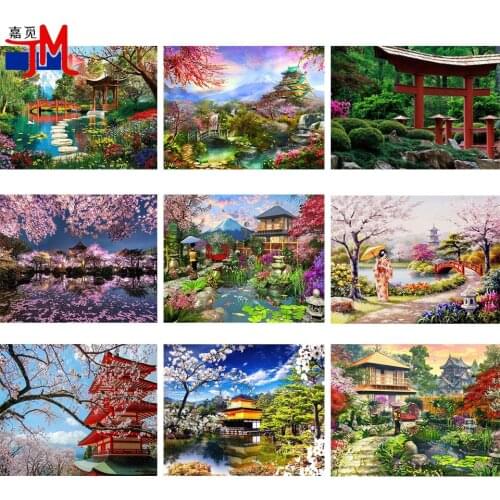 Handcrafted Diamond Painting Japanese Garden Landscape Diamond Embroidery 5D DIY Full Square Round Mosaic Cherry Blossoms Decor