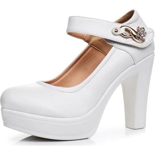 White Round Cheongsam Super High Heel Thick Model Single Shoes Leather Large Size Platform Waterproof Platform Catwalk Shoes