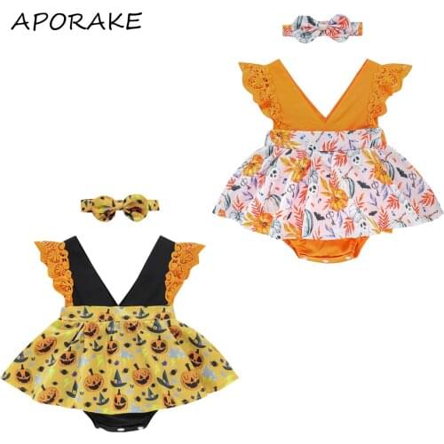 2021 0-24M Halloween Infant Baby Girl Romper Dress Lace Sleeveless V Neck Pumpkin Print Playsuit Sweet Dress+Headband Costume