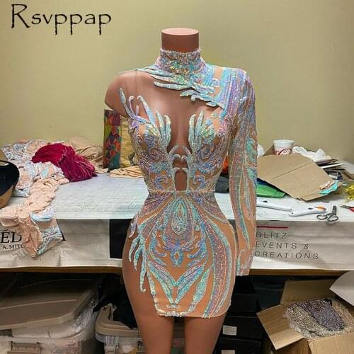 Designed Single Long Sleeve African Black Girl Short Prom Dresses 2021 Sexy See Through Sparkly Sequin Party Cocktail Gowns