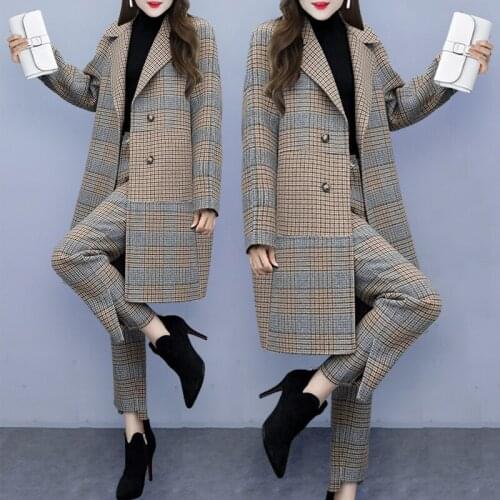 Long Coat Wide-Leg Pants Casual Fashion Female Suit/Sets club outfits New Womens Winter Two-Piece Suits Large Size Plaid Woolen