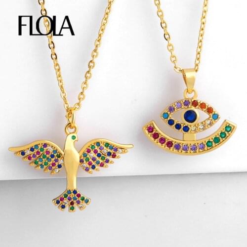 FLOLA CZ Rainbow Peace Pigeon Necklace for Woman Zirconia Greek Eye Pendant Necklace 24K Gold Greek Jewelry olho grego nkep50