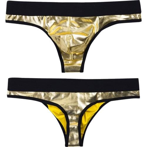 Hot Sexy Mens Panties Metallic Patent Leather Penis Bulge Pouch Bikini Briefs Thong Low Waist Lingerie Underpants Gay Underwear