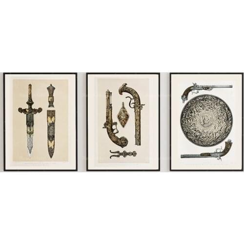 Engravings of dagger, pistol and shield from 1853, castle core, pistol knife, medieval art poster
