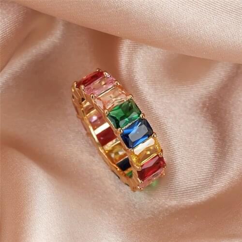Single Row Rainbow Zircon Stone Rings For Women Vintage Fashion Yellow Gold Multicolor Crystal Ring Female Jewelry Wedding Gifts