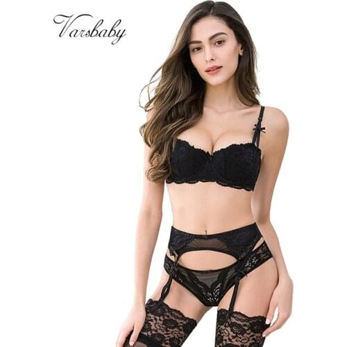 Varsbaby Sexy Lace Push Up Underwear Set Half Cup Bra+Panties+Garter+Stockings 4 Pcs For Women
