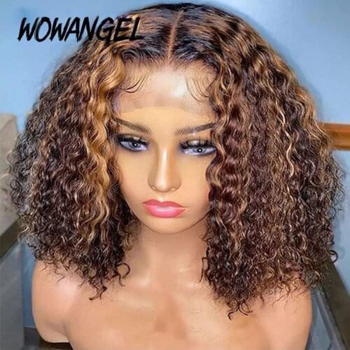 Short Curly Bob 4x4 Lace Closure Wig 250 Density Wig Highlight Mongolian Kinky Curly Ombre Bob Wig Human Hair Closure Wigs Remy