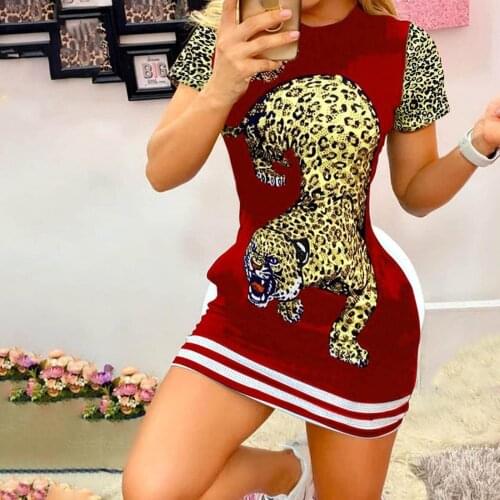 Summer Sheath Tiger Print Mini Dress Womens Casual Slim Round Neck Pleated Short Sleeve Dress Fashion Skinny Short Dress