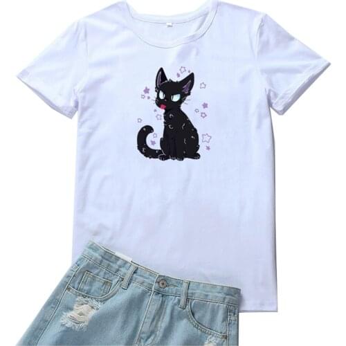 Cute Black Cat Pattern Women T Shirt Funny Cartoons Print Tshirts for Women White Casual T-shirt Women Kawaii Clothes Tee Women