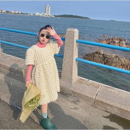 2021 Korea style girls puff sleeve dress fashion cotton autumn girls dresses kids clothes 3-8 years