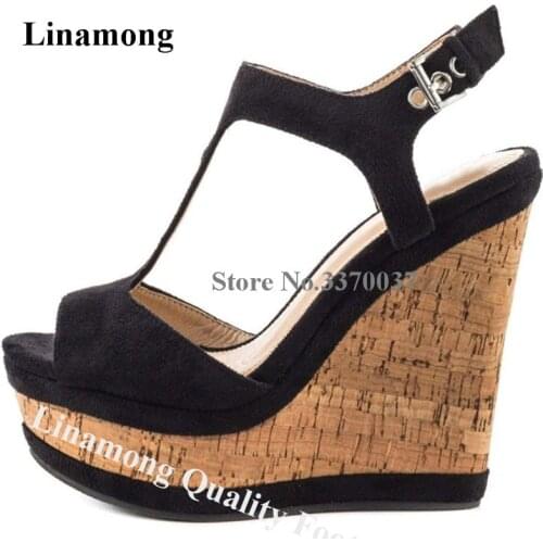 Linamong Fashion Peep Toe Suede Leather High Platform Patchwork Wedge Heels Sandals Black Beige Brown Wedges Height Increased