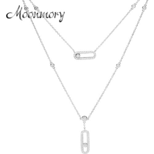 Moonmory 100% 925 Sterling Silver Move Stone Pendant Necklaces For Women Two-tier Fine Necklace Long Chain Jewelry Wedding Gifts