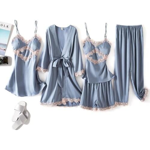 5PCS Pajamas Set Women Grey Satin Lace Nightwear Spring Summer Pyjamas Suit Female Lounge Sleepwear with Chest Pads