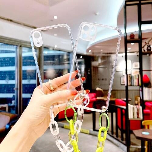 Hanging Chain Transparent Phone Case for IPhone 11 12 Pro Max 12Pro Hard Lens Protective Cover for IPhone XR X XS 7 8 Plus Coque