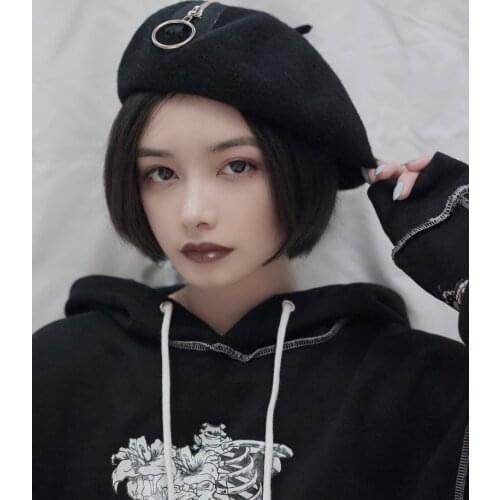 Ruibbit Punk Rock Gothic Zipper Metal PU Leather Patchwork Wool Beret Cap Harajuku Vintage Lolita Beret Hats Womens Hats
