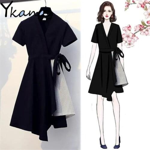 Dark Style Irregular Black Splicing Fake Two Bandage Dress Summer New Sexy V-Neck Mini Slim Short Sleeve Oversized Streetwear