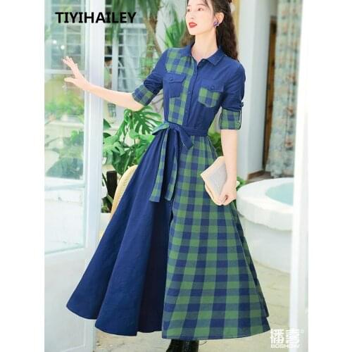 TIYIHAILEY Free Shipping Long Maxi Cotton Spring Autumn Boshow Sleeve Dress Belt Single Breasted Vintage Corduroy Blue Plaid