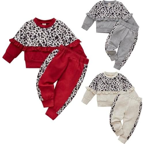 0-3Years Girls Leopard Print Clothes Set Contrast Color Long Sleeve O-neck Tops with Ruffle+Elastic Waist Trousers