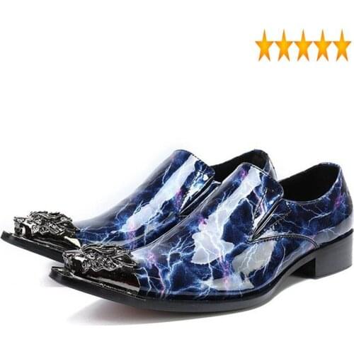 Man Office Work Luxury Business Genuine Leather Metal Pointed Toe Wedding Dress Shoes Mens Printed Formal Party Footwear