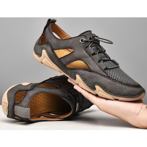 Summer Designer Hollow Out Shoes Men 2021 Genuine Leather Luxury Brand Loafers Men Moccasins Handmade Hiking Sandals Men Gray