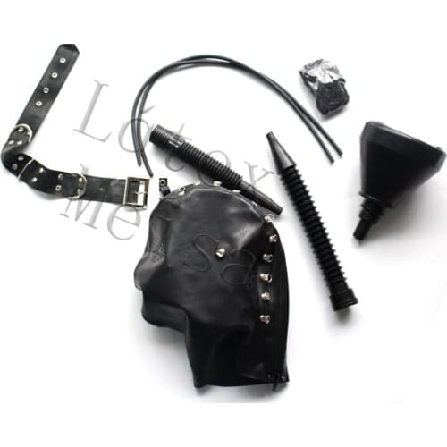 Unisex Fetish Latex mesh hoods gap black adults' latex hood bdsm including pipe and neck belt in black color