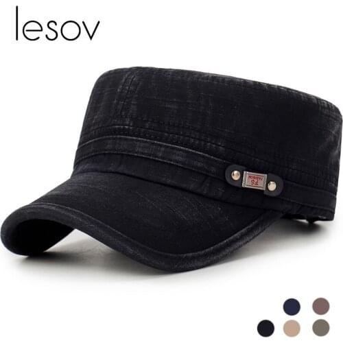 Lesov Vintage Flat Top Cap Washed Cotton Unisex Military Hats Men Women Casual Sport Sun Hat Snapback Caps Army Caps Casquette