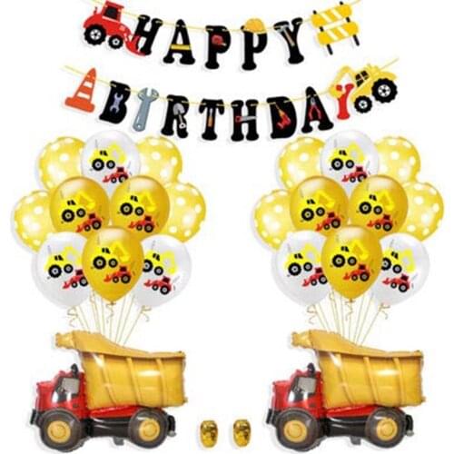 Happy Birthday Party Decoration Balloons Banner Party Supplies Construction Vehicle Fire Truck Print Foil Balloons Accessories