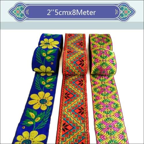 High Quality Gold Line Colored Flowers 5cmx8yards National Wind Embroidery Woven Jacquard Ribbon DIY Accessories Lace Trim