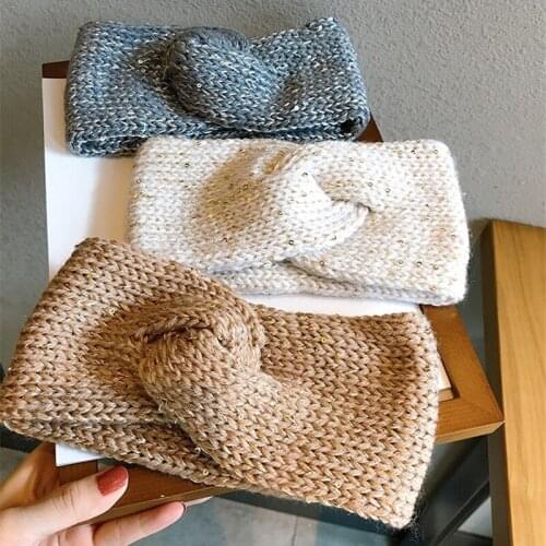 New Winter Warmer Ear Knitted Headband Bow Headwear For Women Solid Shiny Turban Elastic Hair Band Head Warp Hair Accessories