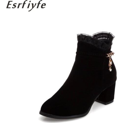 ESRFIYFE 2020 New Women Boots Flock Ankle Boots Spring Autumn Thick Heels Women Boots Ladies Metal Party Boots Plus Size 34-48