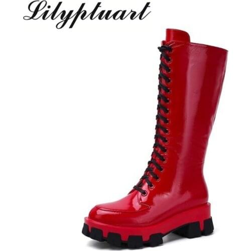 2020 New arrival brand boots women lace up round toe platform knee high boots fashion solid color womens boots female