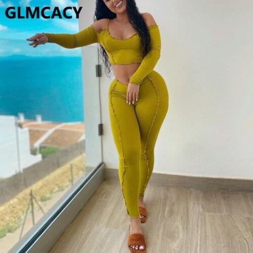 Women Two Piece Chic Suits Long Sleeve Off Shoulder Crop Top & Skinny Pants Set
