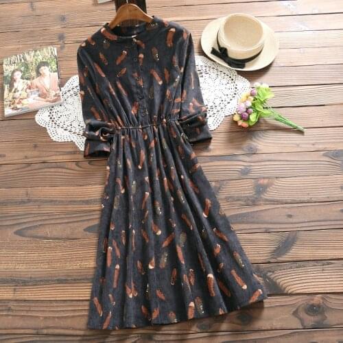 Hot new corduroy long sleeve feather print dress for women fashion winter elegant mori girl sweet vestidos mujer 2018