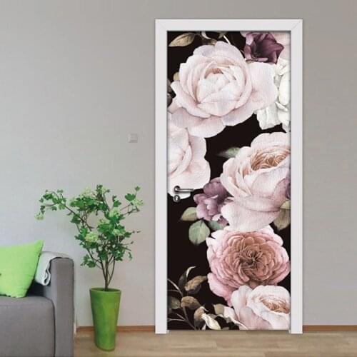 3D Flower Door Mural Sticker Wall Paper Removable PVC Waterproof Self-adhesive Door Wallpaper For Living Room Bedroom Decoration