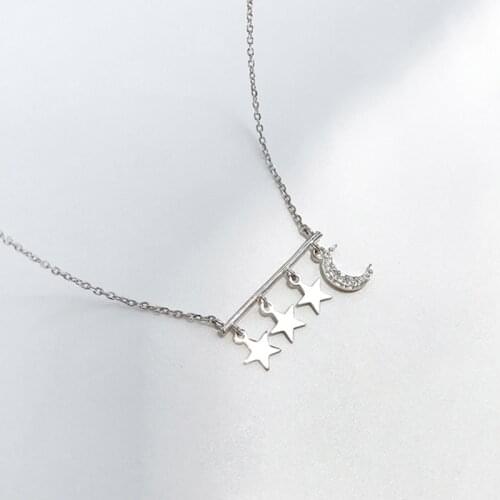 925 Sterling Silver Silver Moon Star Tassel Pendant Necklace Minimalist Clavicle Chain Cubic Zircon Necklace For Women S-N539