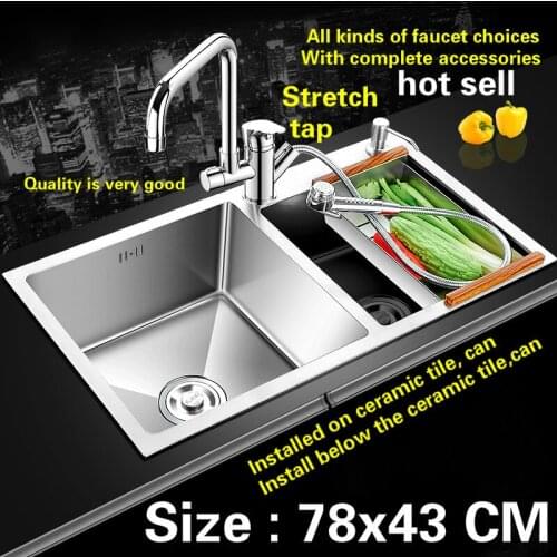 Free shipping kitchen sink fashion durable 304 stainless steel handmade double groove hot sell 78 x43 cm