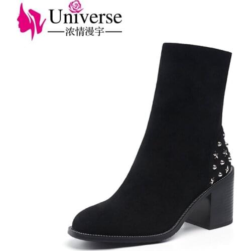 Universe Punk Metal Dot Style Ankle Boots Women Kid Suede Black Grey Warm Winter Shoe With Short Plush Genuine Suede 2.76'' H253