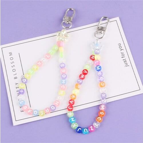 Cute Creative Macaron 26English Letters Beads Lanyard Keychain Bag Backpack Cloth Pendant Keyring for Airpods Case Couples' Gift