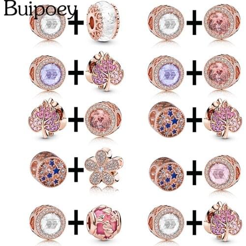 Buipoey 2PCS Rose Gold Charm Leaves Shining Heart Murano Glass Beaded For Women Fit Brands Bracelet Bangle Necklace Jewelry