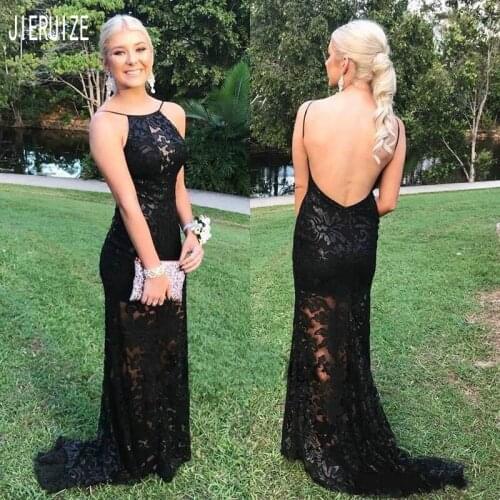 JIERUIZE Black Lace Mermaid Evening Dresses Backless Sexy Illusion Formal Dresses Long Party Prom Gowns vestidos de fiesta