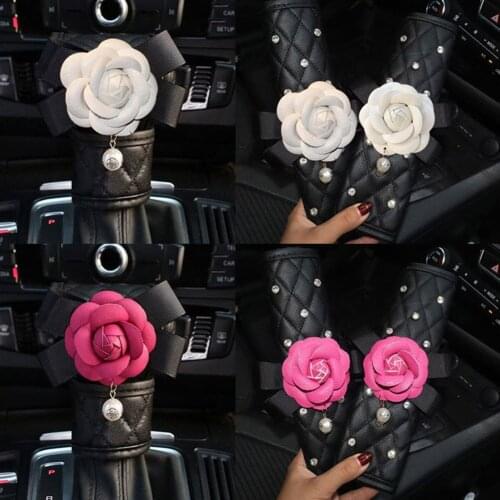 Flower Car Seat Belt Cover Handbrake Grip Shifter Cover Set Rhinestone Interior Styling For Beautiful Women Girls Camellia