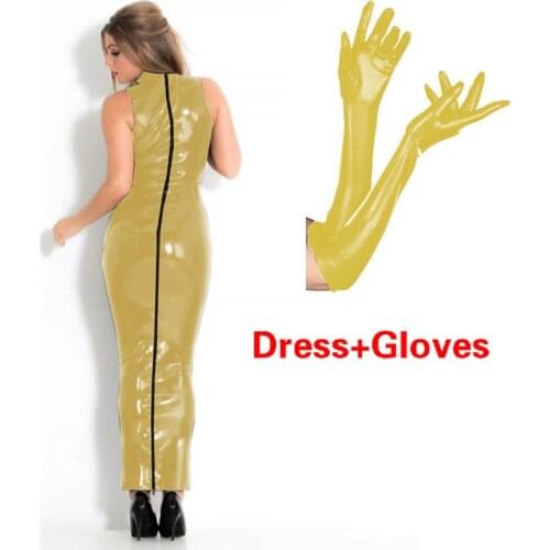 Sleeveless Maxi Dress With Gloves Women Sexy PU Leather Party Dress Hot Street Fashion Clubwear Shiny Metallic Long Dress 7XL