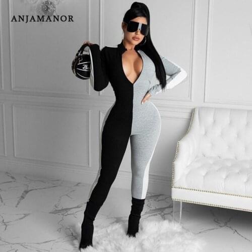 ANJAMANOR Sexy Front Zip Long Sleeve Jumpsuit Women Sport Knitted Color Block Patchwork One Piece Outfit Tracksuit D46-DC42