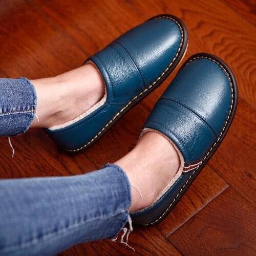 Cow Leather Winter Couples Indoor Slippers Heel Protective Anti-Slip Warm Home Causal Slippers for Men and Women
